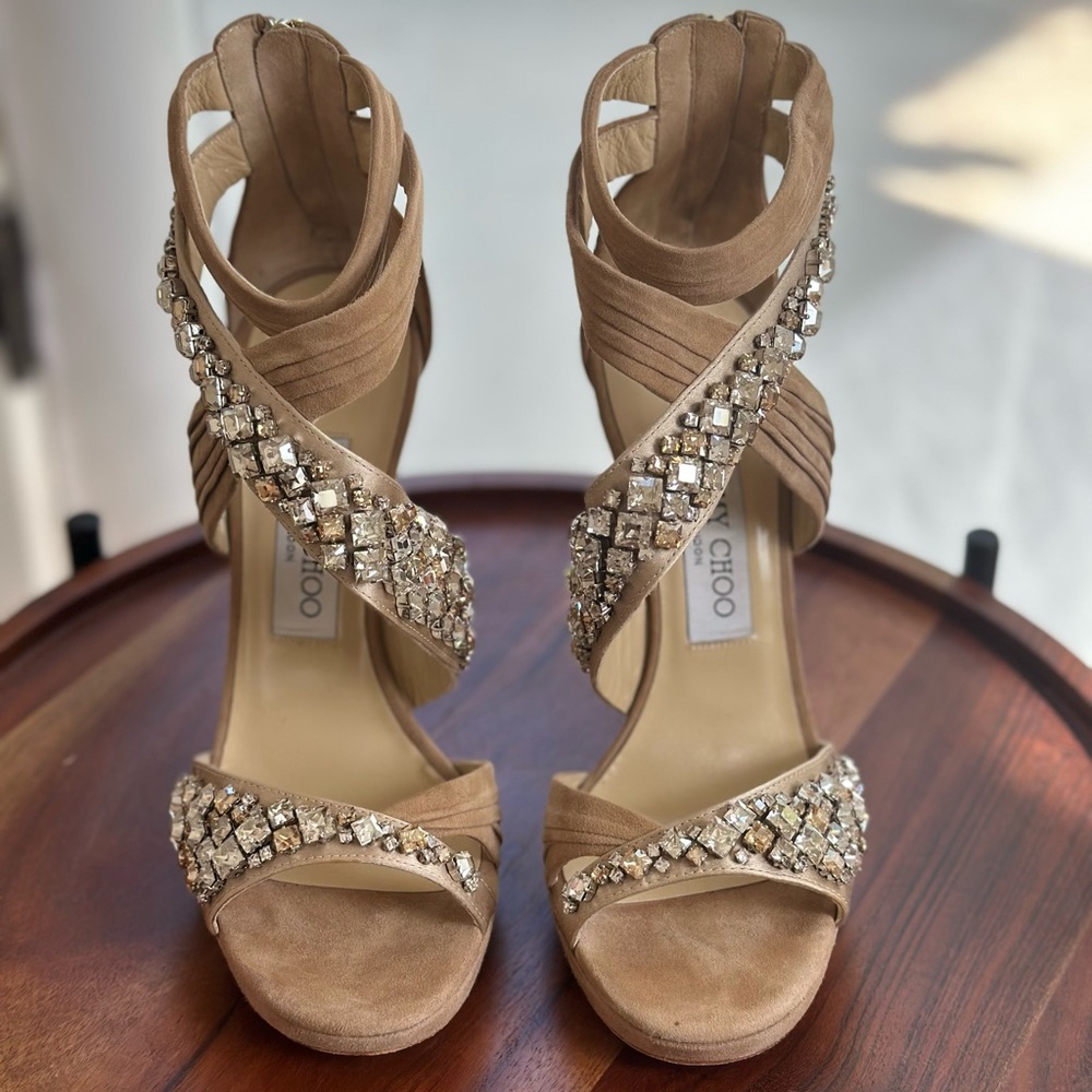 NWOT Jimmy Choo Beige Crystal Embellished Heels